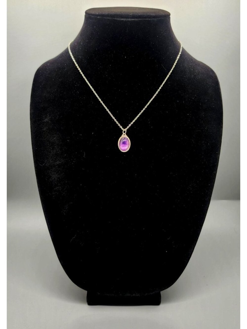 Silver Tone Chain Necklace With Oval Purple Gemstone Pendant